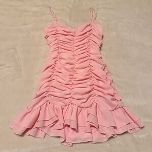 Lucy in the Sky Bubblegum Pink Ruched Ruffle Hem Mini Dress
